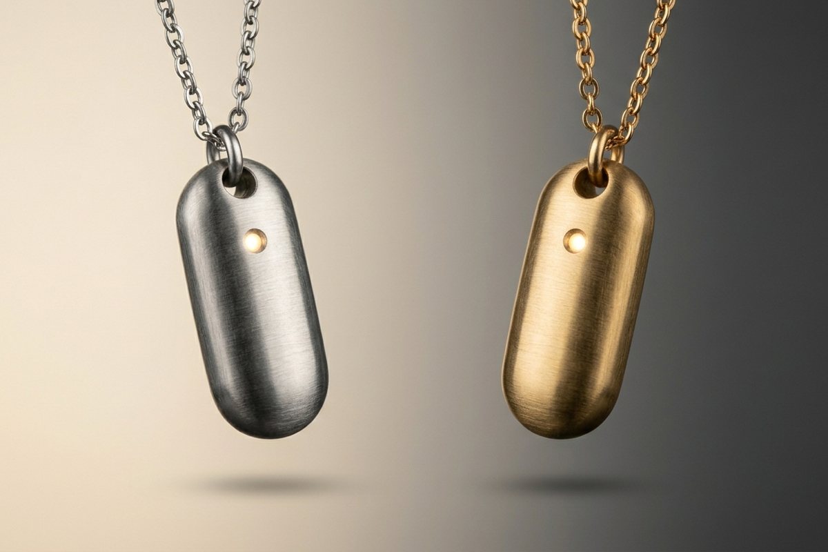 The Anticipy pendant — brushed titanium with a gold accent